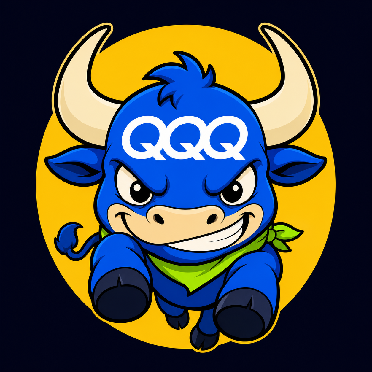 The QQQ Bull mascot — a blue baby bull with QQQ on its forehead, charging forward